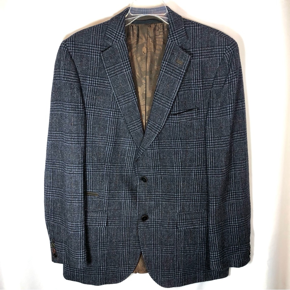 CARL GROSS Blue Wool Blend Plaid Tweed 2 Button Sport Coat Blazer Jacket